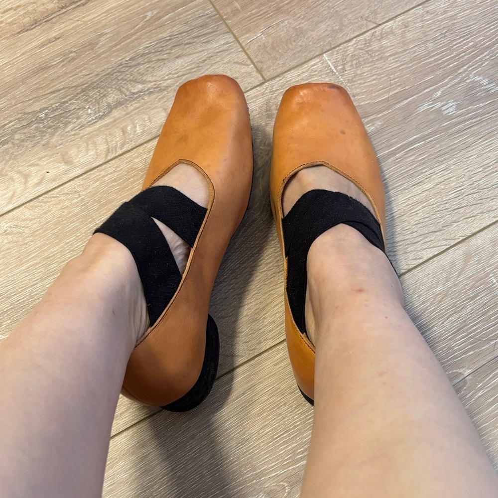 Tan Ballet Flats with Black Straps - Picture 8 of 8